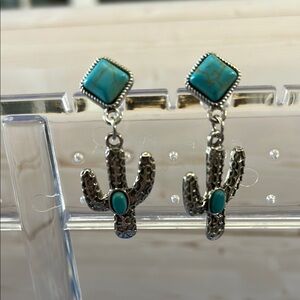 Silver and Turquoise Cactus Earrings